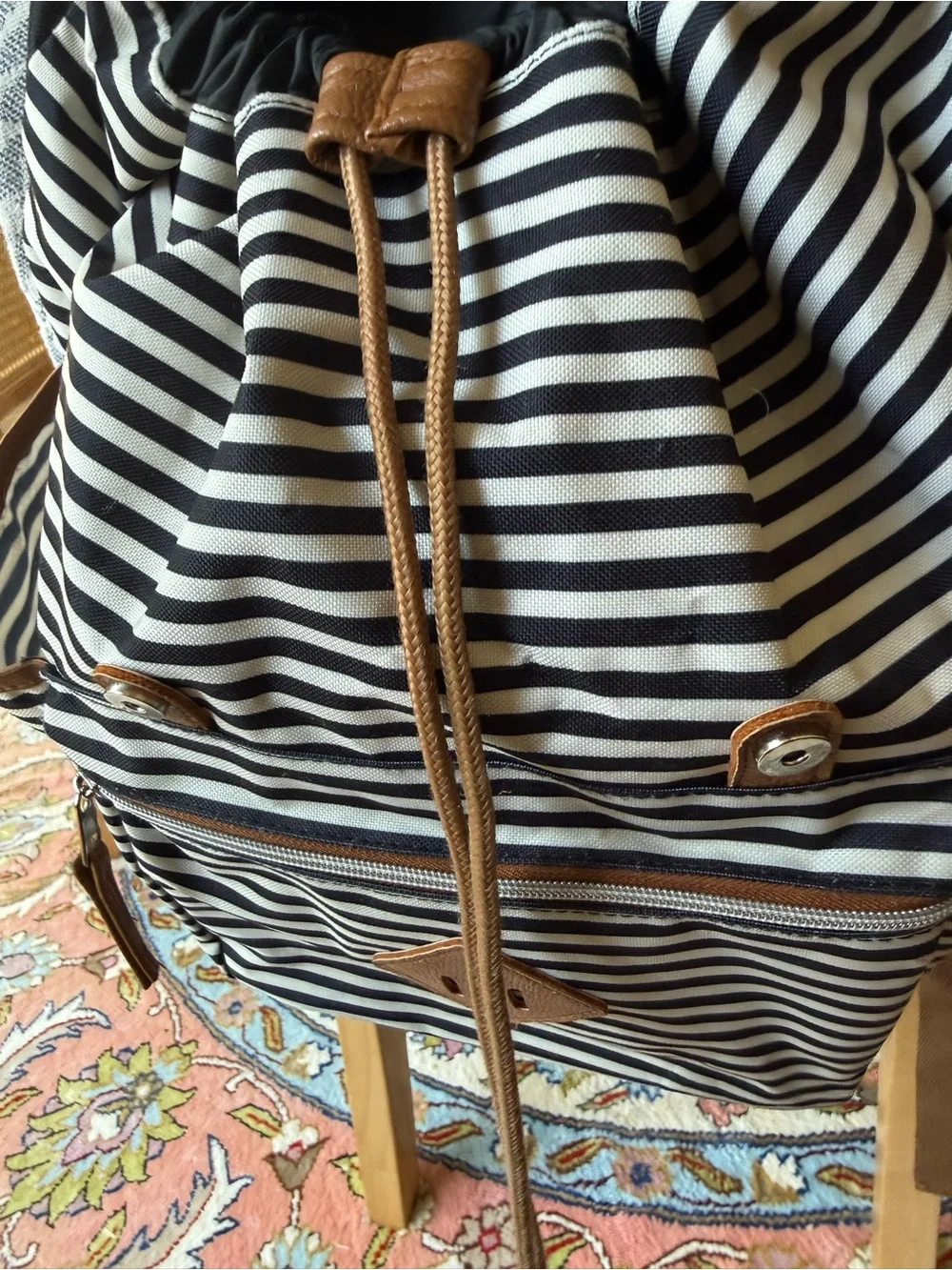 Black & White Striped Canvas Drawstring Flap Backpack Faux Leather Trim